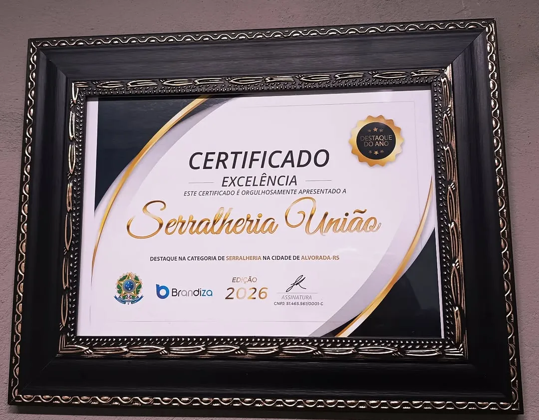 Certificado de Excelência Destaque do Ano 2026 da Serralheria União, categoria serralheria em Alvorada-RS